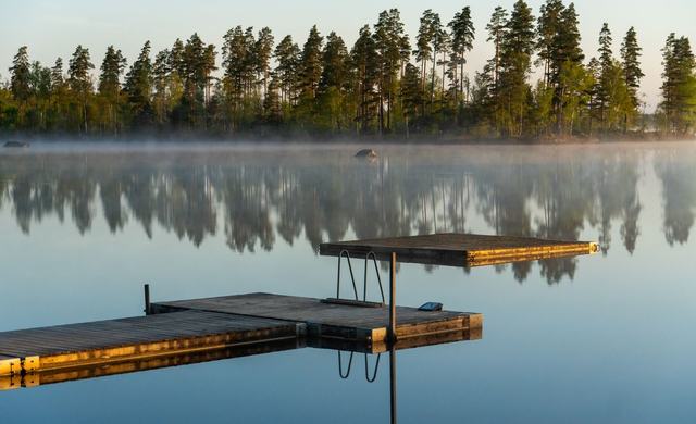 Drewniany pomost na spokojnym jeziorze otoczonym lasem